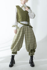 Matcha Green Plaid Pants Secret Morning Post Series Cute and Handsome Ouji Lolita Vest